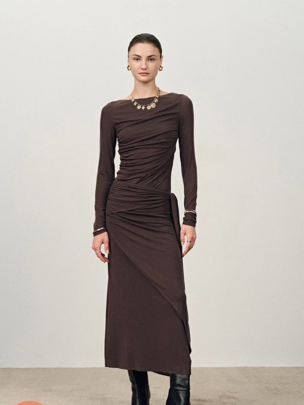 Long Sleeve Ruched Long Dress in Coffee Brown Color